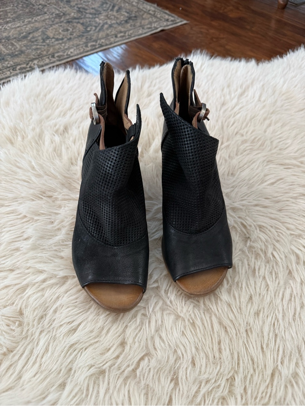 Miz Mooz Black Perforated Peep-Toe Mules